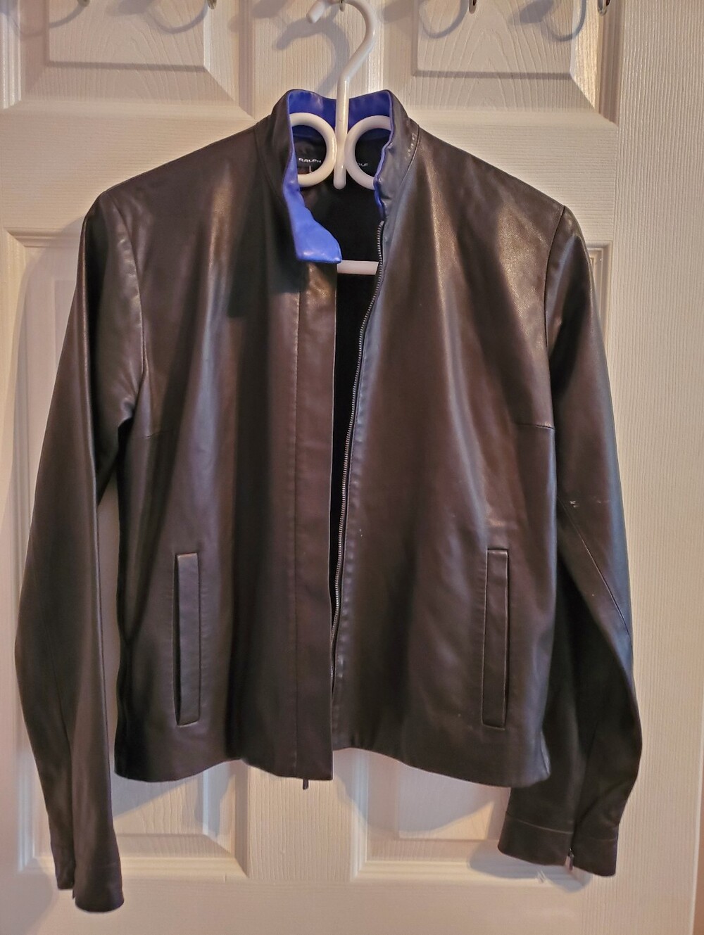 Ralph Lauren Black Leather Jacket with Blue Collar Accents